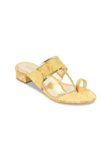Mochi Gold-Toned Textured Ethnic Block Sandals