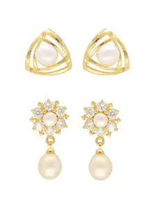 Sri Jagdamba Pearls Dealer Set Of 2 Gold-Plated Beaded Geometric Studs And Drop Earrings