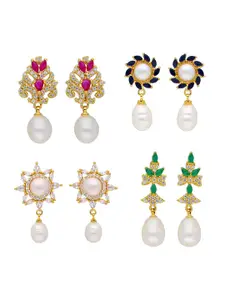 Sri Jagdamba Pearls Dealer Set Of 4 Gold-Plated Beaded Drop Earrings