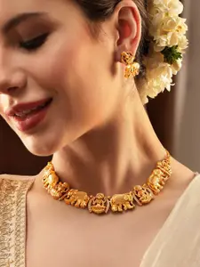 Rubans Gilded Elegance Gold-Plated AD-studded Lakshmi Designer Necklace & Earrings