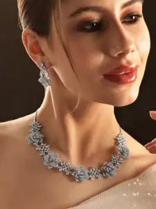 Rubans Rhodium-Plated AD & Zirconia-Studded Rose Floral Motif Detail Necklace & Earrings