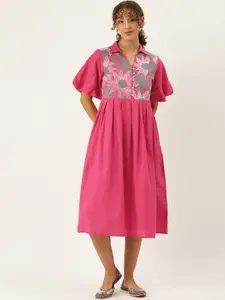 MISRI Floral Embroidered Flared Sleeve A-Line Midi Dress
