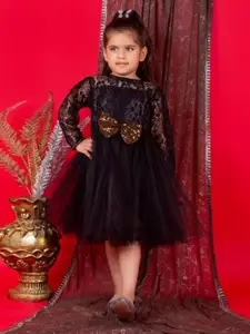 Bella Moda Girls Self Designed Long Sleeves Satin Fit & Flare Midi Dress With A Bow