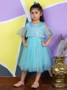 Bella Moda Girls Sequinned Embellished Flared Sleeve Satin Fit & Flare Dress