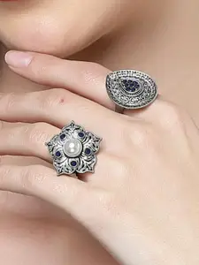 KARATCART Set Of 2 Silver-Plated Kundan Studded Adjustable Finger Ring