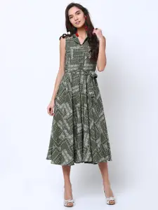 Tokyo Talkies Women Olive Green Printed Fit and Flare Dress