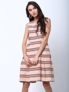 Tokyo Talkies Women Peach-Coloured Striped Fit and Flare Dress