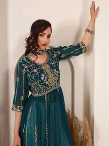 Sangria Ethnic Motifs Embroidered A-Line Kurta With Dupatta