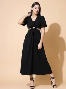 Strong And Brave Puff Sleeve Cut-Outs A-Line Midi Dress