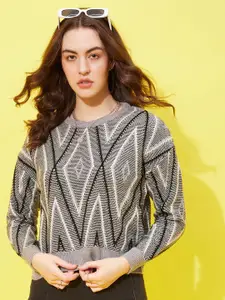 Modeve Geometric Self Design Crop Acrylic Pullover Sweater