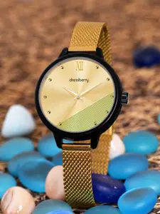 DressBerry Gold-Toned Women Embellished Dial & Stainless Steel Straps Watch HOBDB-148-GD