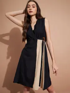 DressBerry Black & Beige Colourblocked Tie-Up Detail A-Line Dress