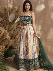 FABPIXEL Embroidered Sequinned Semi-Stitched Lehenga & Unstitched Blouse With Dupatta