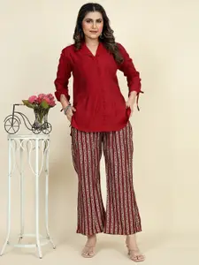 STYLE SAMSARA Striped Pure Silk Top With Trousers