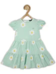 Allen Solly Junior Girls Floral Print Puff Sleeve Gathered Tiered Cotton Fit & Flare Dress