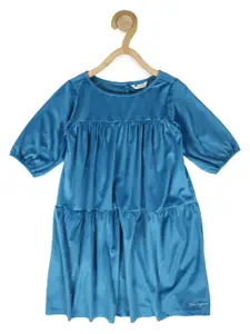 Peter England Girls Puff Sleeves Gathered Casual A-Line Dress