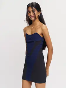FREAKINS Blue Colourblocked Off-Shoulder Bodycon Mini Dress