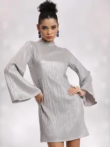 Tokyo Talkies Striped High Neck Bell Sleeve A-Line Mini Dress