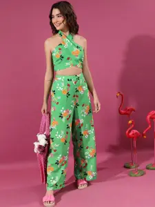 Tokyo Talkies Floral Printed Halter Neck Top & Trousers