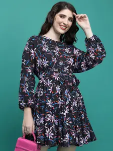 KETCH Floral Printed Cuffed Sleeves Fit & Flare Dress