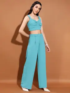 KETCH Ruched Shoulder Straps Crop Top With Wide Leg Pants
