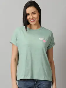 PURPLE FLAUNT Extended Sleeves Embroidered  Pure Cotton T-shirt