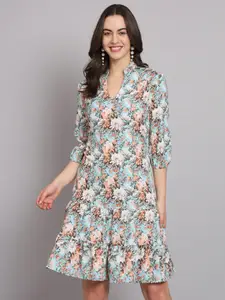 VAARARO Floral Printed Mandarin Collar A-Line Dress