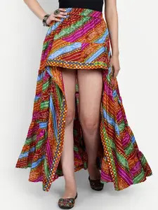 The BANJARA TRAIL Bandhani Printed High Low Flared Chiffon Maxi Skirt