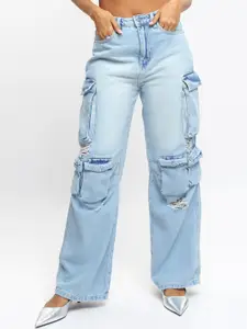 FREAKINS Women Straight Fit High-Rise Mildly Distressed Heavy Fade Denim Cargo
