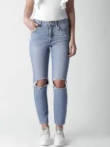 FOREVER 21 Women Blue Regular Fit Mid-Rise Slash Knee Jeans