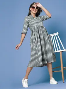 KALINI Striped Gathered Cotton Fit & Flare Midi Dress