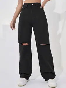 Kotty Women Black Jean Straight Fit High-Rise Slash Knee Stretchable Jeans