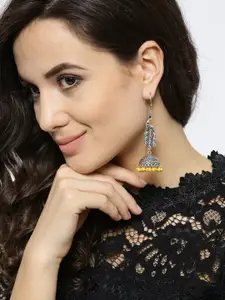 Priyaasi Silver-Plated Peacock Shaped Beaded Handcrafted Jhumkas