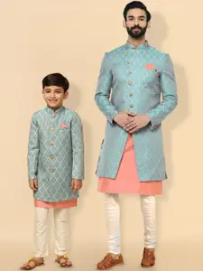 KISAH Boys Cotton Self-Design Kurta Indowestern Sherwani Set