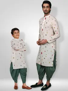 KISAH Boys Geometric Embroidered Mirror Work Pure Cotton Kurta With Dhoti Pants