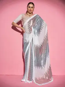 Mitera White Embellished Sequinned Pure Georgette Saree