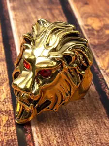 VIEN Men Lion's Head Stainless Steel Gold Plated Stone Studded Finger Ring