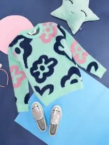 Pantaloons Junior Girls Floral Printed Ribbed Pullover Sweater