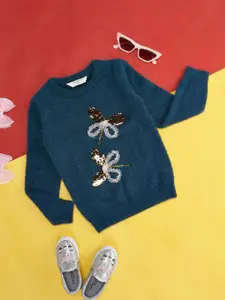 Pantaloons Junior Girls Floral Embroidered Ribbed Acrylic Pullover Sweater