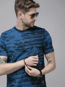Roadster Men Navy Blue  Black Printed Pure Cotton T-shirt