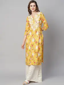 RATAN Floral Printed Cotton Thread Work Kurta