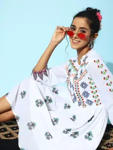 Indo Era Ethnic Motifs Embroidered Puff Sleeve Cotton A-Line Dress