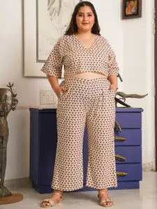 NANGALIA RUCHIRA Plus Size Conversational Printed Pure Cotton Crop Top With Trousers