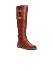 Clarks Women High Top Leather Block Heel Regular Boots With Buckle Detail