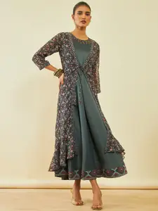 Soch Floral Printed Georgette Maxi Ethnic Dresses With Long Length Jacket