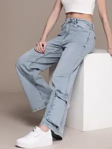 Roadster Women Wide Leg Mid-Rise Heavy Fade Stretchable Cargo-Style Jeans