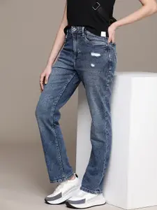 The Roadster Life Co. Women Straight Fit Low Distress Light Fade Stretchable Jeans