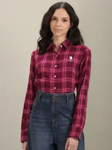 U.S. Polo Assn. Women Tartan Checks Spread Collar Cotton Casual Shirt
