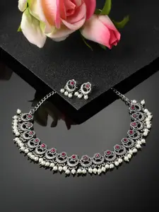 PANASH Silver-Plated Stone-Studded & Pearl-Beaded Necklace And Earrings