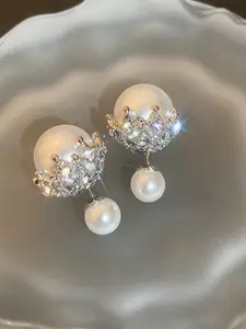 VIEN Silver Plated Pearls Beaded Teardrop Shaped Stainless Steel Studs Earrings